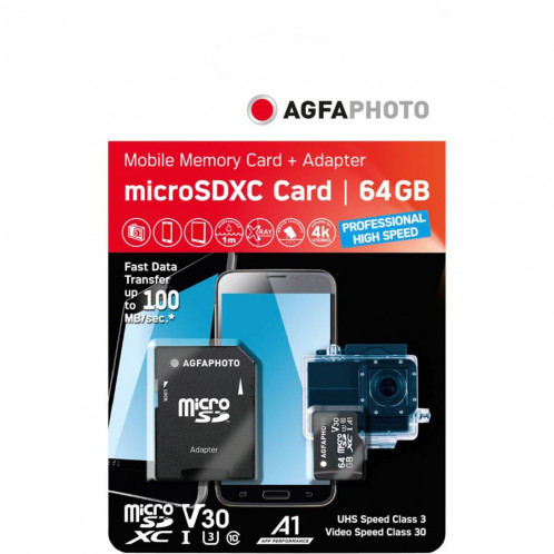 AgfaPhoto MicroSDXC UHS-I 64GB High Speed C10 U3 V30 + Adapt. 429844-32