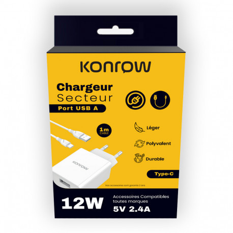 Konrow KK12AATC Chargeur Secteur Complet (Adaptateur USB 12W & Câble USB Type C détachable, 1m) Blanc (Compatible, Blister) KK12AATC-31