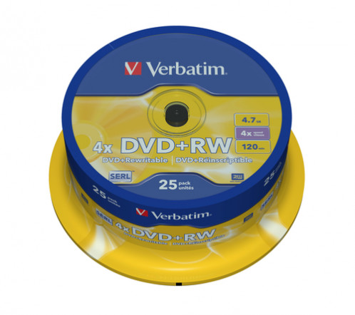 1x25 Verbatim DVD+RW 4,7GB 4x Speed, mat argent 804200-33