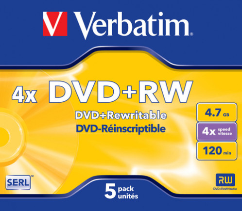 1x5 Verbatim DVD+RW 4,7GB 4x Speed, mat argent Jewel étui 172580-32