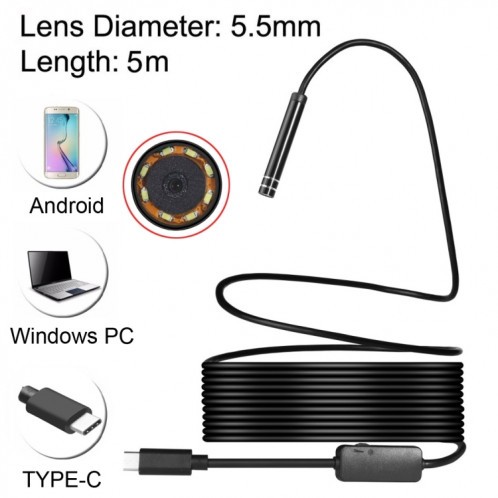 Caméra d'inspection à tube de serpent étanche IP67 à endoscope USB-C / Type-C avec 8 LED et adaptateur USB, longueur: 5 m, diamètre de l'objectif: 5,5 mm SH08421500-310