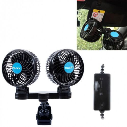 HUXIN HX-T605E 7W Clip de rotation réglable à 360 degrés Mini ventilateur de voiture électrique à deux têtes à faible bruit avec commutateur à rouleau, DC12V SH8847379-36