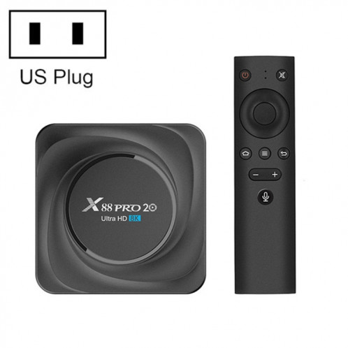 X88 PRO 20 4K Smart TV Box Android 11,0 Media Player avec télécommande vocale, RK3566 Quad Core 64bit Cortex-A55 jusqu'à 1,8 GHz, RAM: 4 Go, Rom: 32 Go, Bluetooth, Bluetooth, Ethernet, Bluetooth, Fiche SH68US1649-312