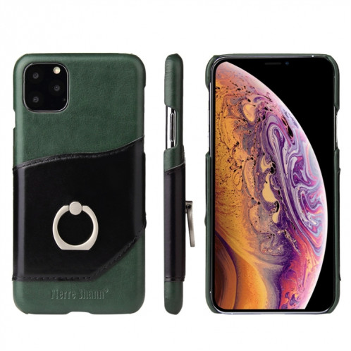 Fierre Shann Texture Cire Huile En Cuir Véritable Couverture Arrière Avec Titulaire De Rotation De 360 Degrés Et Fente Pour Carte pour iPhone 11 Pro (Vert) SH201A670-37