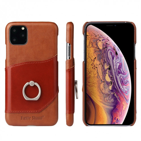Fierre Shann Texture Cire Huile En Cuir Véritable Couverture Arrière Avec Titulaire De Rotation De 360 Degrés Et Fente Pour Carte pour iPhone 11 Pro (Marron) SH201C1645-37