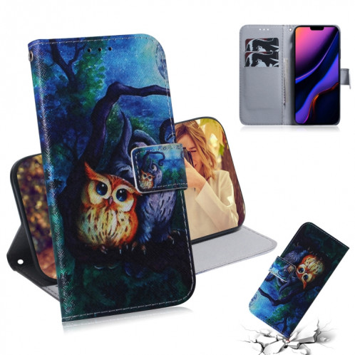 Etui en cuir à rabat horizontal avec dessin en couleur 3D, avec support et fente pour carte et portefeuille pour iPhone 11 Pro Max (Hibou pour peinture à l'huile) SH902B182-38