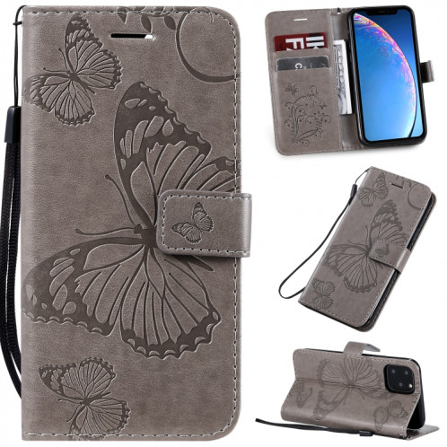Étui en cuir PU avec impression de papillon à pression horizontale avec support, fentes pour cartes, portefeuille et lanière pour iPhone 11 Pro (Gris) SH501B1041-39