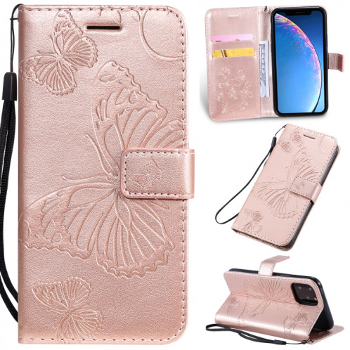 Pressé Impression Etui en cuir PU avec motif de papillon et rabat horizontal avec porte-cartes et portefeuille & lanière pour iPhone 11 Pro (or rose) SH501H563-39