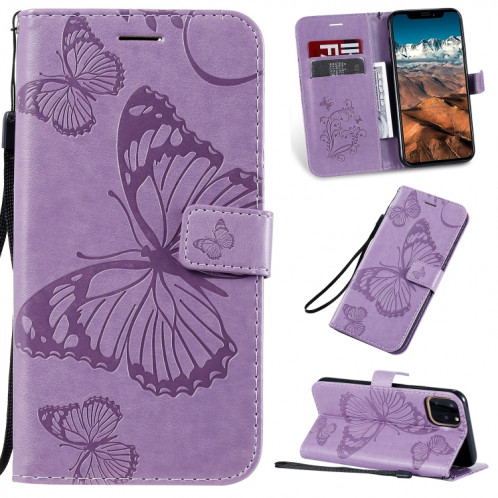 Étui en cuir PU avec motif de papillon pressé pour impression avec fente pour titulaire et fente pour carte et portefeuille et lanière pour iPhone 11 Pro Max (violet) SH503G1725-39