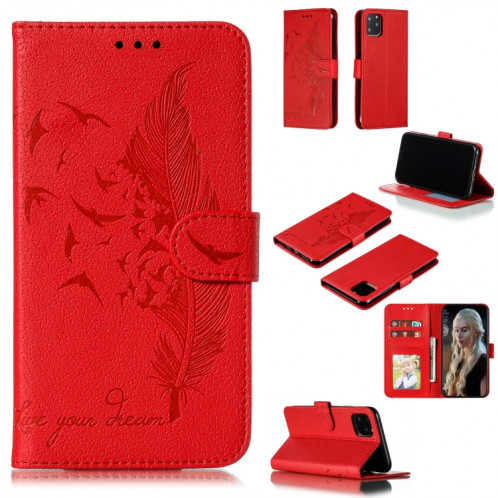 Étui en cuir à rabat horizontal avec motif de plume et texture litchi avec emplacements pour portefeuille et porte-cartes pour iPhone 11 Pro (rouge) SH803A1237-311