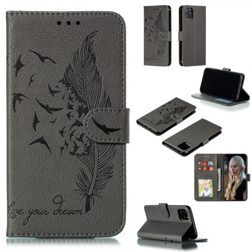 Etui en cuir à rabat horizontal avec motif de plume et texture litchi avec emplacements pour portefeuille et porte-cartes pour iPhone 11 Pro (Gris) SH803D1304-311