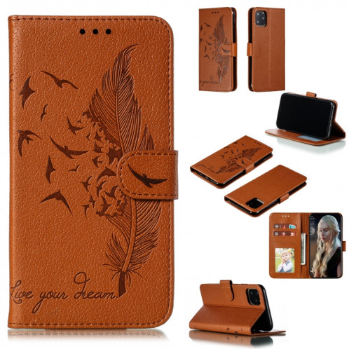 Étui en cuir à rabat horizontal avec motif de plume et texture litchi avec fentes pour portefeuille et porte-cartes pour iPhone 11 Pro (Marron) SH803E243-311
