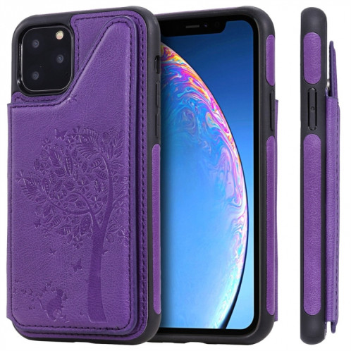 Pour iPhone 11 Pro Cat Tree Motif Gaufrage Étui de protection antichoc avec fentes pour cartes et cadre photo (Violet) SH009A450-37