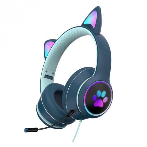 AKZ-022 USB + 3.5mm Port Cat Oread Casque à LED pliable avec micro (bleu foncé) SH901E1863-38