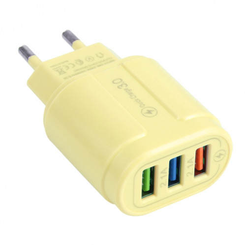 13-222 QC3.0 USB + 2.1A Dual USB Ports Macarons Chargeur de voyage, Fiche UE (Jaune) SH901D626-37