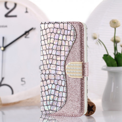 Poudre de paillettes laser assorti de texture de crocodile texture horizontale texture cassette en cuir avec des machines à sous cartes et portefeuille et portefeuille pour iPhone 13 PRO (argent) SH902C1669-37