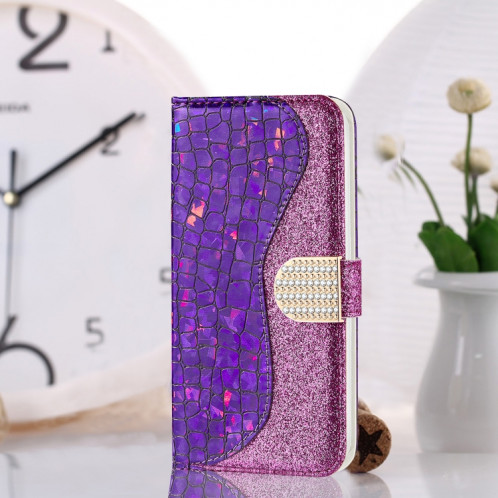 Poudre de paillettes laser assorti de texture de crocodile Texture horizontale texture horizontale étui en cuir avec des machines à sous cartes et portefeuille et portefeuille pour iPhone 13 Pro (violet) SH902E962-37