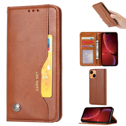 Puilé Texture de la peau Texture horizontale Horizontal Toam Coque avec cadre photo et porte-cartes et portefeuille pour iPhone 13 (Brown) SH601D1590-36