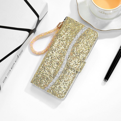 Poudre de paillettes Horizontale Flip Cuir Case avec machines à sous cartes et porte-longe pour iPhone 13 Pro (Gold) SH303E1062-37