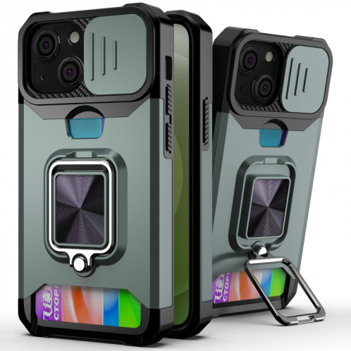Cache de caméra coulissante Conception PC + TPU Case antichoc avec porte-bague et emplacement de carte pour iPhone 13 mini (vert foncé) SH701D472-37