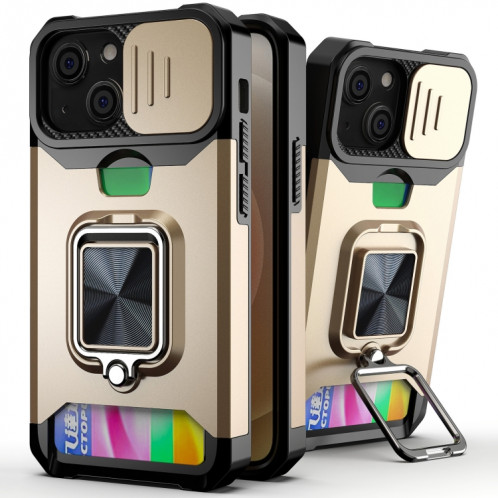 Cover Caméra coulissant Design PC + TPU Case antichoc avec porte-bague et emplacement de carte pour iPhone 13 mini (or) SH701E1572-37