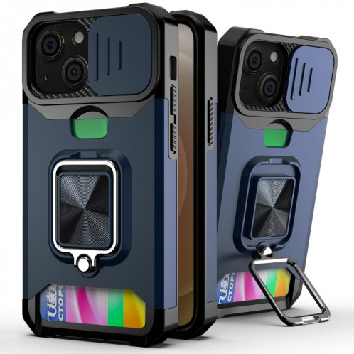 Cover Caméra coulissant Design PC + TPU Case antichoc avec porte-bague et emplacement de carte pour iPhone 13 (bleu) SH702F1089-37