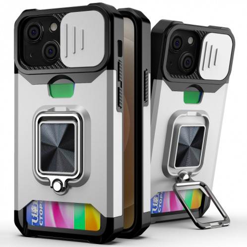 Cover Caméra coulissant Design PC + TPU Case antichoc avec porte-bague et emplacement de carte pour iPhone 13 (argent) SH702G1198-37