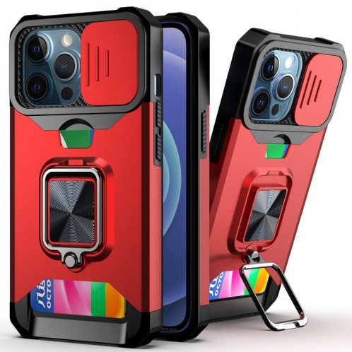 Cover Caméra coulissant Design PC + TPU Case antichoc avec porte-bague et emplacement de carte pour iPhone 13 Pro (rouge) SH703A673-37