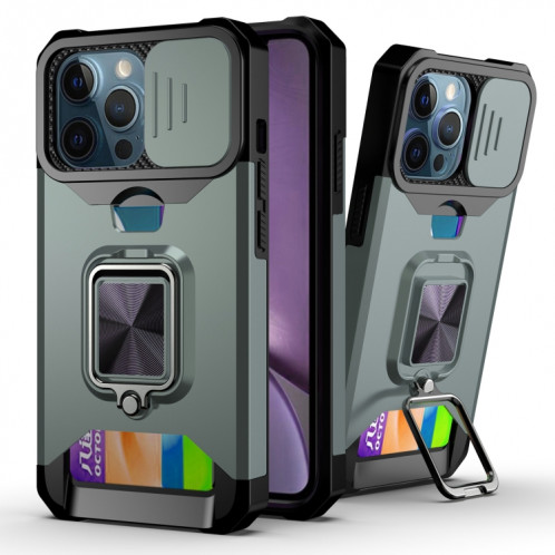Cover Caméra coulissant Design PC + TPU Case antichoc avec porte-bague et emplacement de carte pour iPhone 13 Pro (vert foncé) SH703D1689-37