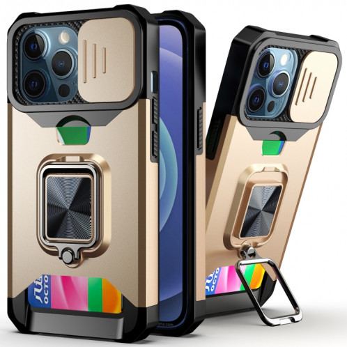 Cover Caméra coulissant Design PC + TPU Case antichoc avec porte-bague et emplacement de carte pour iPhone 13 Pro (or) SH703E286-37