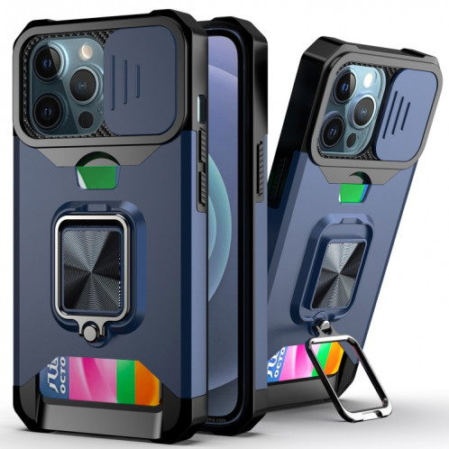 Cover Caméra coulissant Design PC + TPU Case antichoc avec porte-bague et emplacement de carte pour iPhone 13 Pro (Bleu) SH703F1184-37