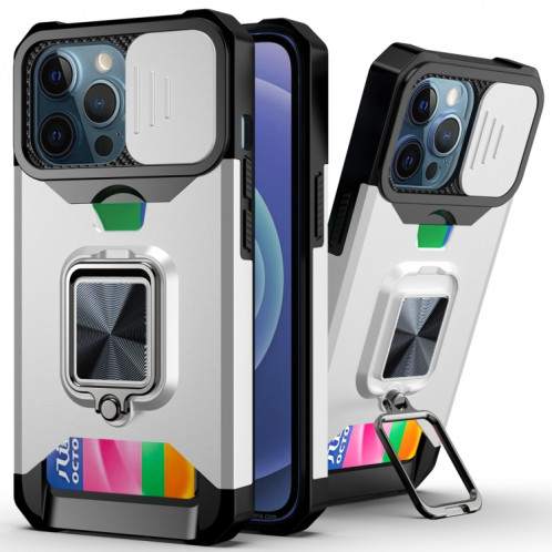 Cover Caméra coulissant Design PC + TPU Case antichoc avec porte-bague et emplacement de carte pour iPhone 13 Pro (argent) SH703G1704-37