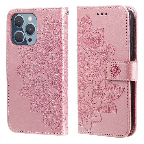 Fleurs 7-Pétales Motif de gaufrage Horizontal Flip PU Coque en cuir PU avec support & carte Slots & Portefeuille et cadre photo pour iPhone 13 Pro (Rose Gold) SH703A1820-37