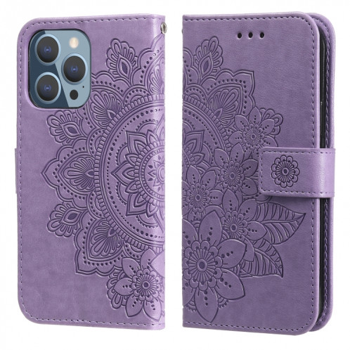 Fleurs 7-Pétales Motif de gaufrage Horizontal Flip PU Housse en cuir PU avec support et carte de portefeuille et cadre de portefeuille et photo pour iPhone 13 Pro (Violet léger) SH703E252-37