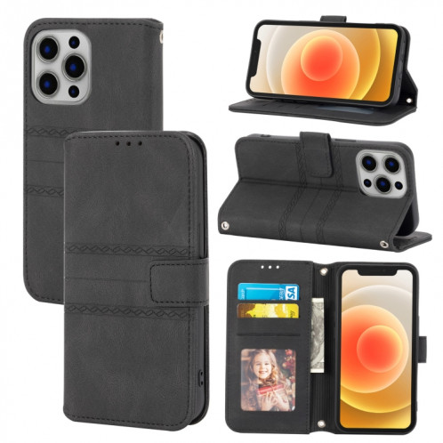 Boucle magnétique à rayures en relief PU + TPU Horizontal Horizontal Horizan Coffret avec support & Card Slot & Portefeuille et cadre photo & Sling pour iPhone 13 Pro (Noir) SH203F1117-38