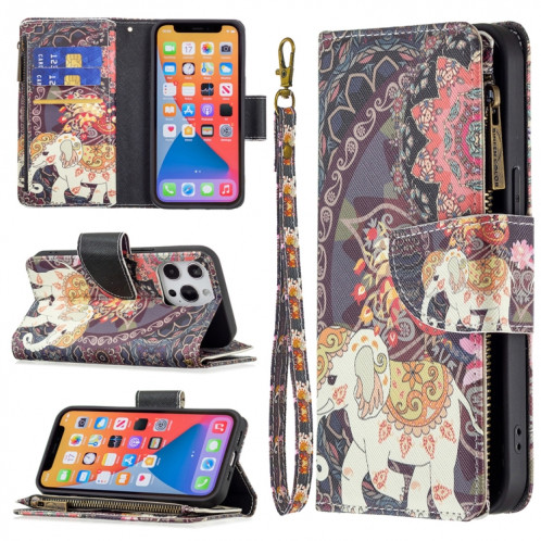 Couleur de dessin de couleurs Zipper Horizontal Flip Cuir Case avec porte-carte et portefeuille pour iPhone 13 (éléphants de fleurs) SH102J62-37