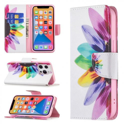 Motif de dessin coloré Horizontal Flip Cuir Case avec porte-cartes et portefeuille pour iPhone 13 mini (tournesol) SH401A233-37