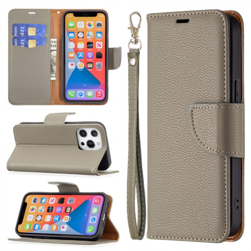 Texture de Litchi Couleur Pure Couleur Horizontal Horizontal Horizons avec support & carte Slots & Portefeuille et longe pour iPhone 13 Pro (gris) SH603H399-37