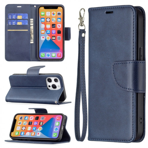 Pour iPhone 13 Pro Rétro Lambskin Texture Pure Couleur Horizontale Horizontal PU Coque en cuir PU, avec porte-carte et portefeuille et lanière (bleu) SH903F394-37