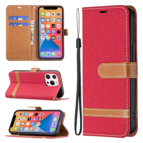 Couleur Correspondance Texture Denim Texture Horizontale Horizontal Toas Cuir Avec Support & Card Slots & Portefeuille et Lanière pour iPhone 13 Mini (rouge) SH801B549-37