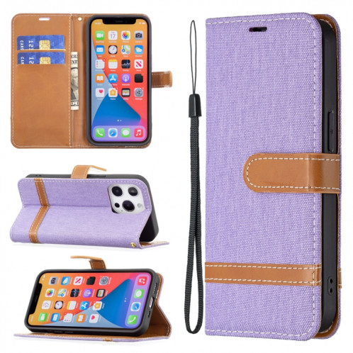 Couleur Correspondance Denim Texture Texture Horizontale Horizontal Toas Cuir Avec Support & Card Slots & Portefeuille et Lanière pour iPhone 13 (Violet) SH802A1512-37