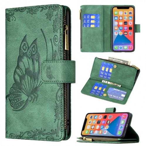 Flying Butterfly Modèle de gaufrage à glissière à glissière Horizontal Flip Cuir Coffret avec porte-carte et portefeuille pour iPhone 13 (vert) SH002E746-37