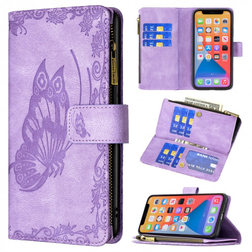 Boîtier de gaufrage de papillon volant à glissière Horizontal Flip Cuir Toot avec porte-carte et portefeuille pour iPhone 13 Pro (violet) SH003B751-37