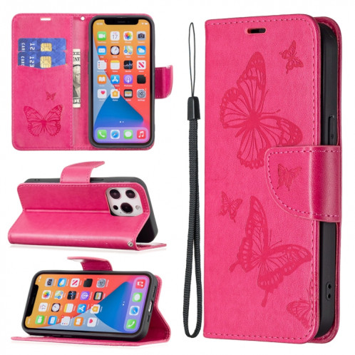 Embossage Deux Papillons Motif Horizontal Flip PU Housse en cuir PU avec support et portefeuille et portefeuille et longe pour iPhone 13 mini (Rose Rouge) SH301C1708-37