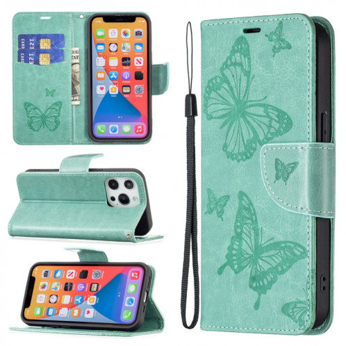 Embossing Deux papillons Motif Horizontal Flip PU Coque en cuir PU avec support & carte Slot & Portefeuille et longe pour iPhone 13 mini (vert) SH301F703-37