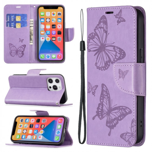 Embossage Deux Papillons Motif Horizontal Flip PU Coque en cuir PU avec support et portefeuille et portefeuille et longe pour iPhone 13 (violet) SH302E374-37