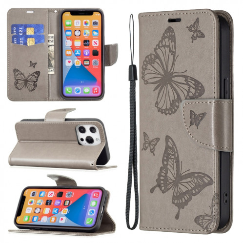 Embossing Deux papillons Motif Horizontal Flip PU Coque en cuir PU avec support & carte Slot & Portefeuille et longe pour iPhone 13 Pro (gris) SH303A298-37