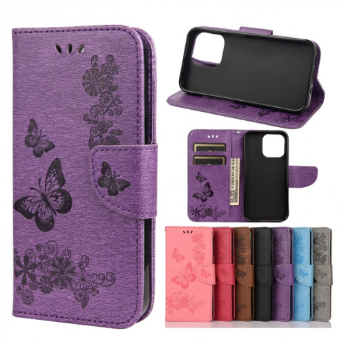 Modèle de papillon floral en relief Vintage Horizontal Flip Cuir Toot avec fente et portefeuille et portefeuille et longe pour iPhone 13 mini (violet) SH702G674-37