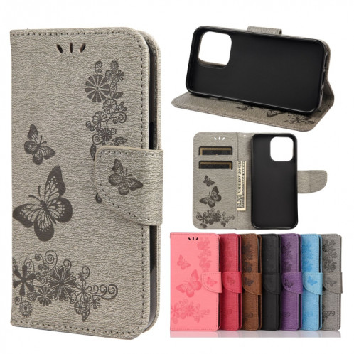 Vintage en relief floral motif de papillon floral horizontal case en cuir avec fente et portefeuille et portefeuille et longe pour iPhone 13 Pro (gris) SH704E1556-37