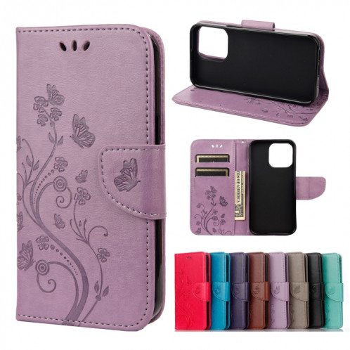 Pochette de fleur de papillon Horizontal Flip Cuir Toot avec porte-cartes et portefeuille pour iPhone 13 mini (Violet léger) SH802A1342-37
